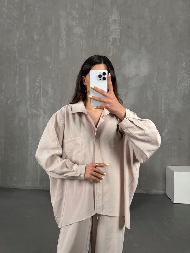 Taş Cepli Gömlek Beli Lastikli Pantolon Tensel Takım Gaus00134