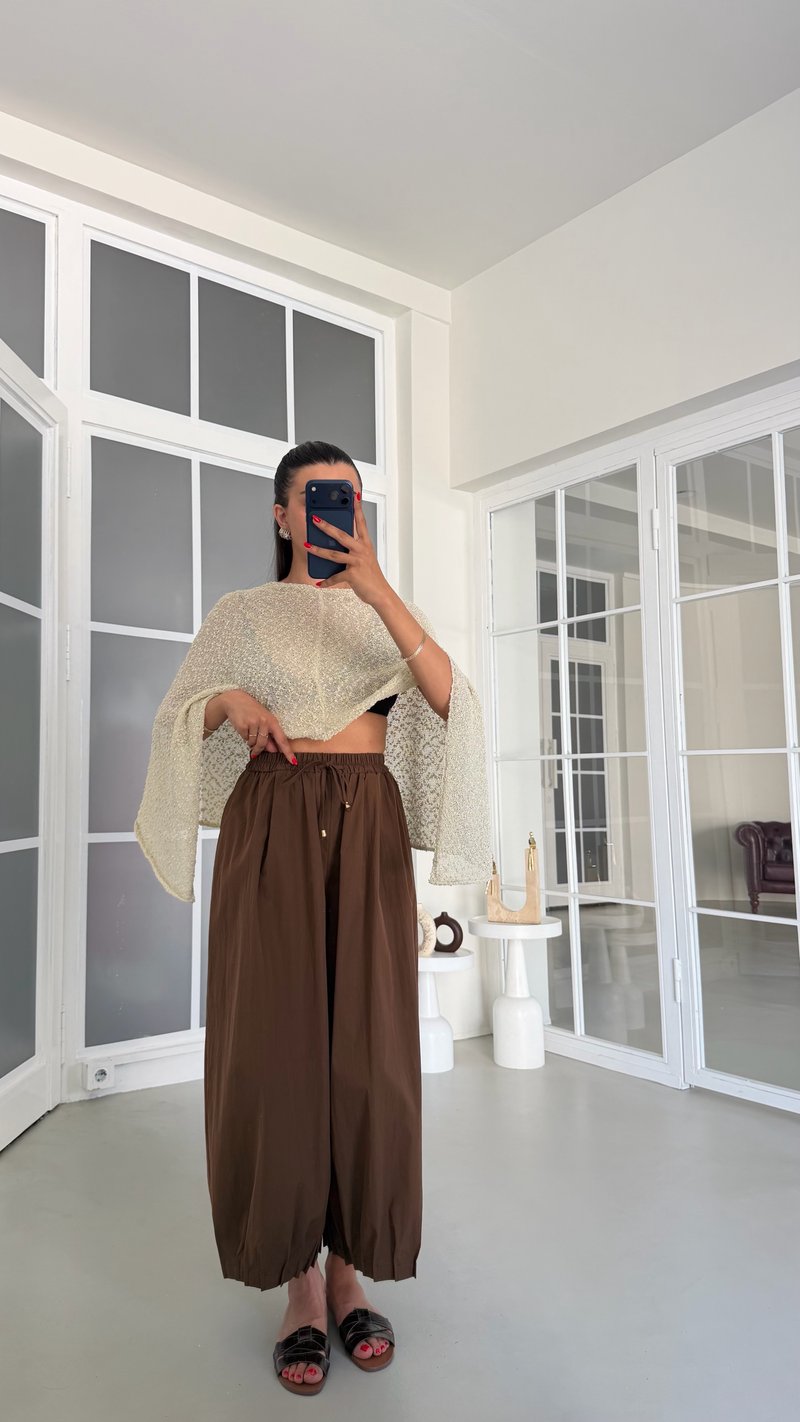 Kahve Beli Lastikli Cepli Poplin Kumaş Pantolon GAUS-01846