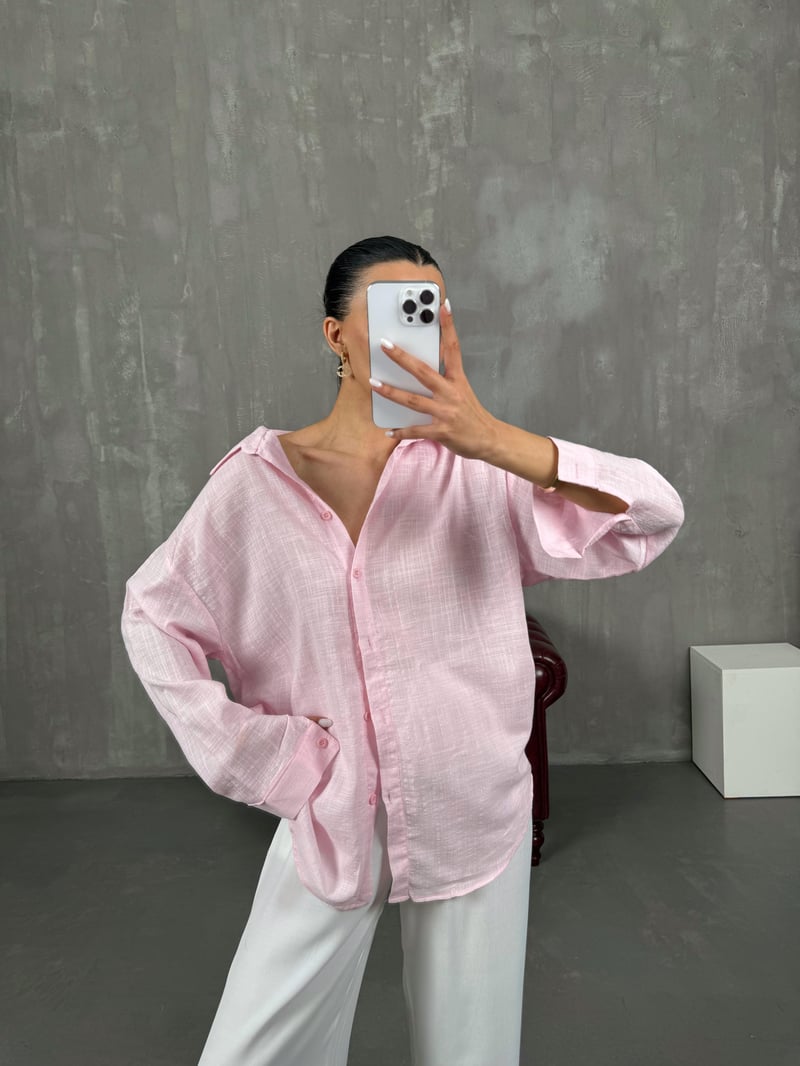 Pembe Keten Karışımlı Kareli Gömlek Gaus00025