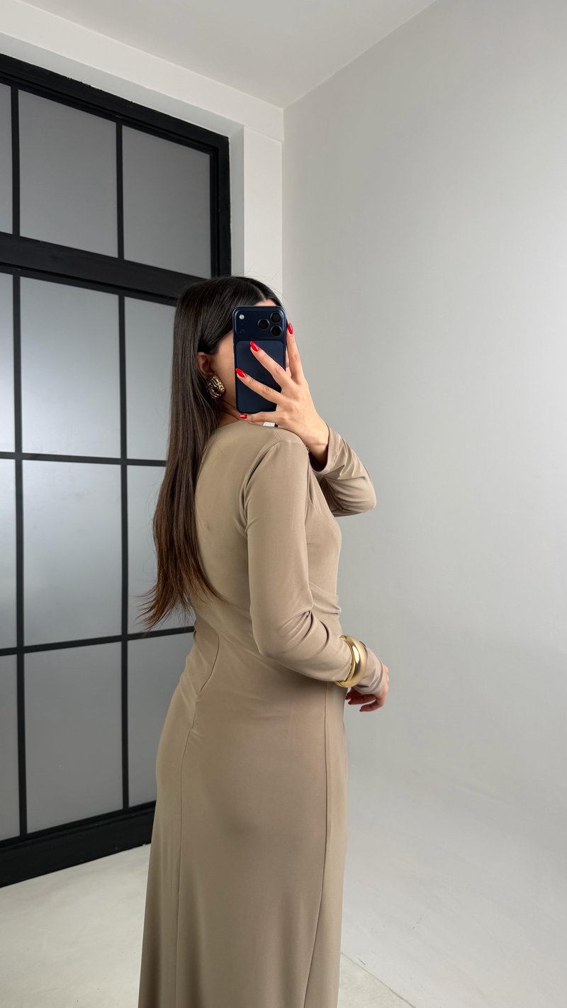 Vizon Yırtmaç Detaylı Astarlı Sandy Kumaş Elbise GAUS-00949