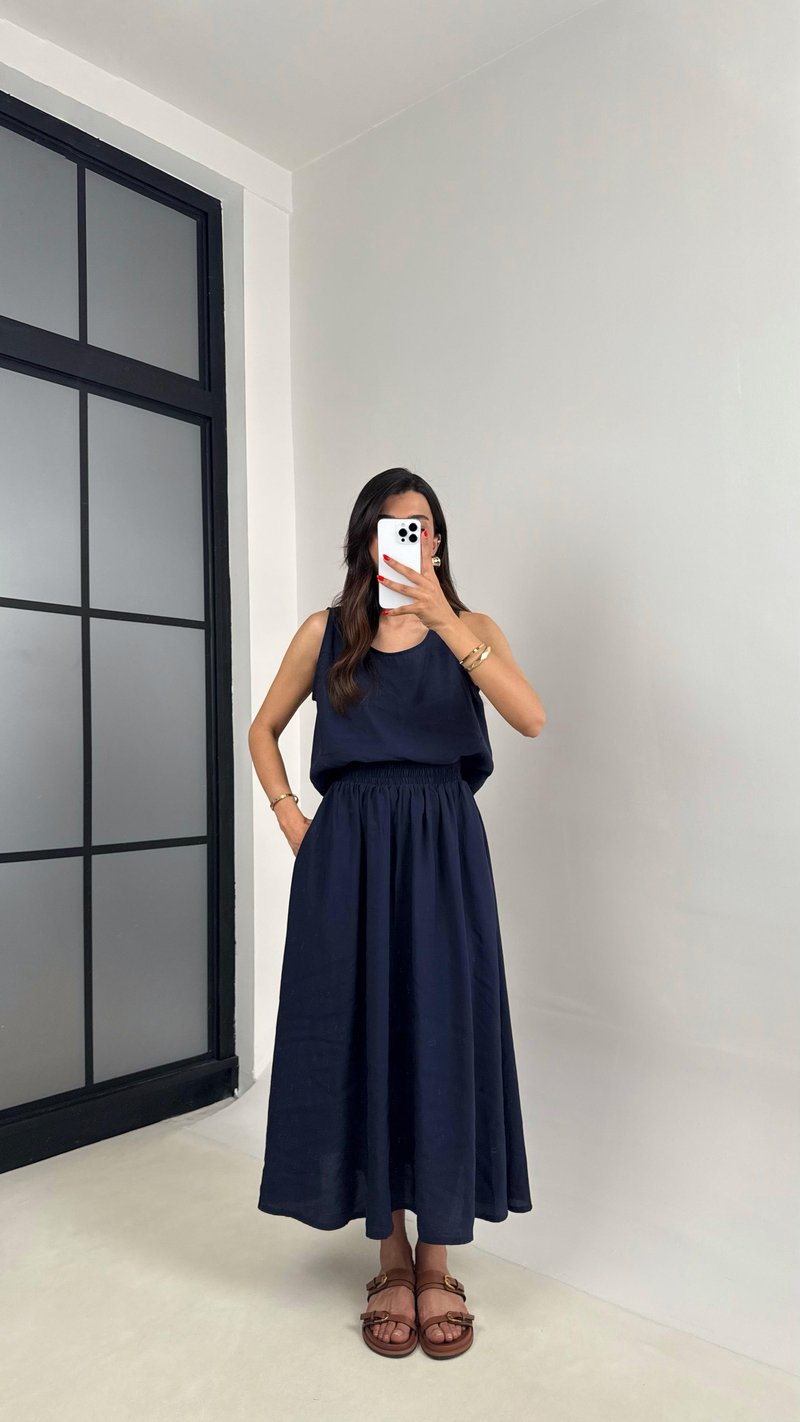 Lacivert Bluz Beli Lastikli Etek İkili Kırışık Tencel Takım Gaus00522