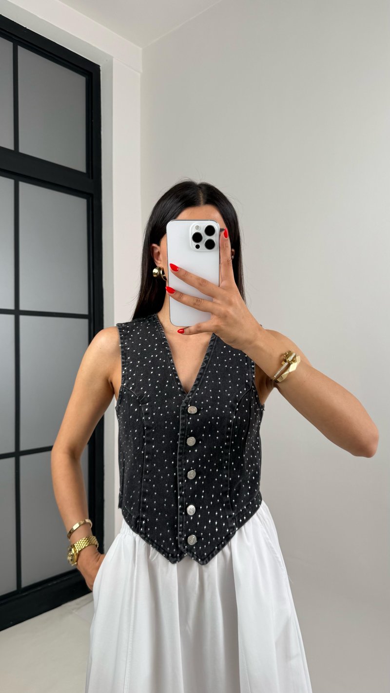 Antrasit Taşlı Tasarım Denim Yelek Gaus00486