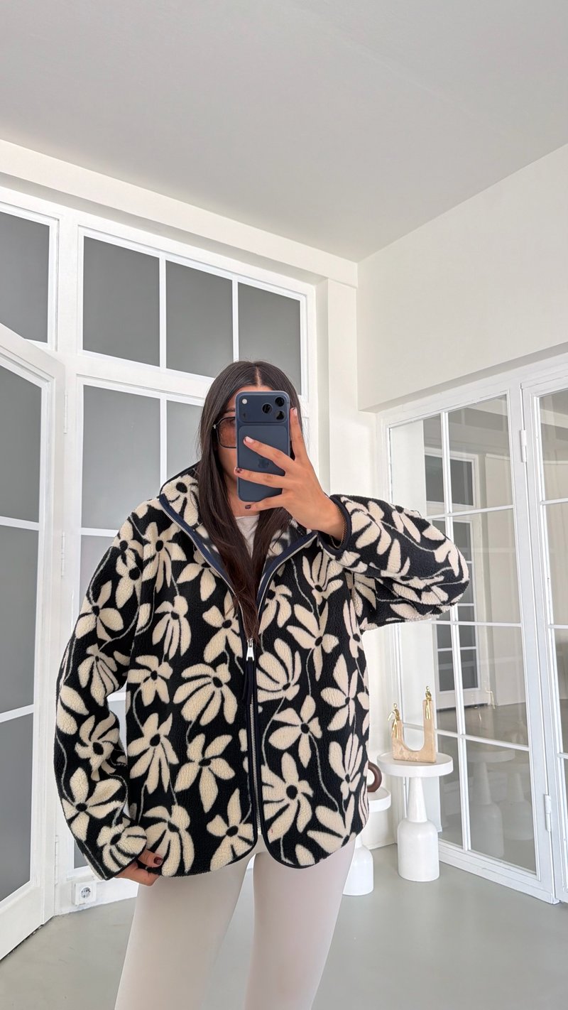 Lacivert Çiçek Desenli Fermuarlı Polar Sweatshirt GAUS-01915