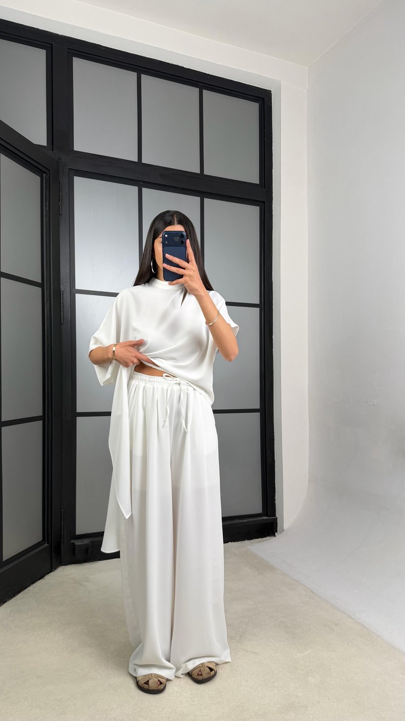 Beyaz Asimetrik Bluz Beli Lastikli Pantolon İkili Tasarım Takım GAUS-01490
