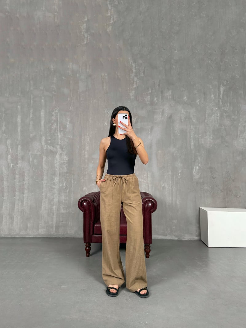 Kahve Beli Lastikli Keten Pantolon Gaus00156