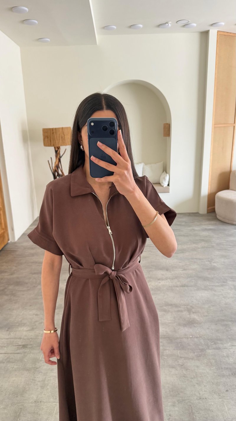 Kahve Polo Yaka Kuşaklı Tencel Kumaş Elbise GAUS-01429