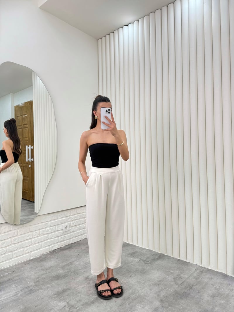 Ekru Beli Lastikli Cepli Harem Pantolon Gaus00308