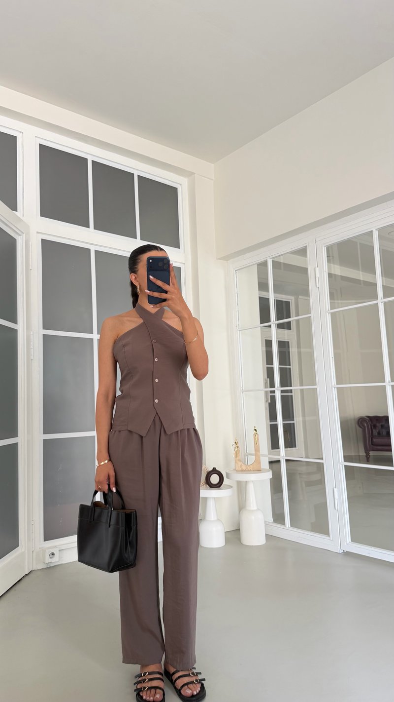 Vizon Halter Yaka Yelek Beli Lastikli Pantolon Muadil Takım GAUS-01770