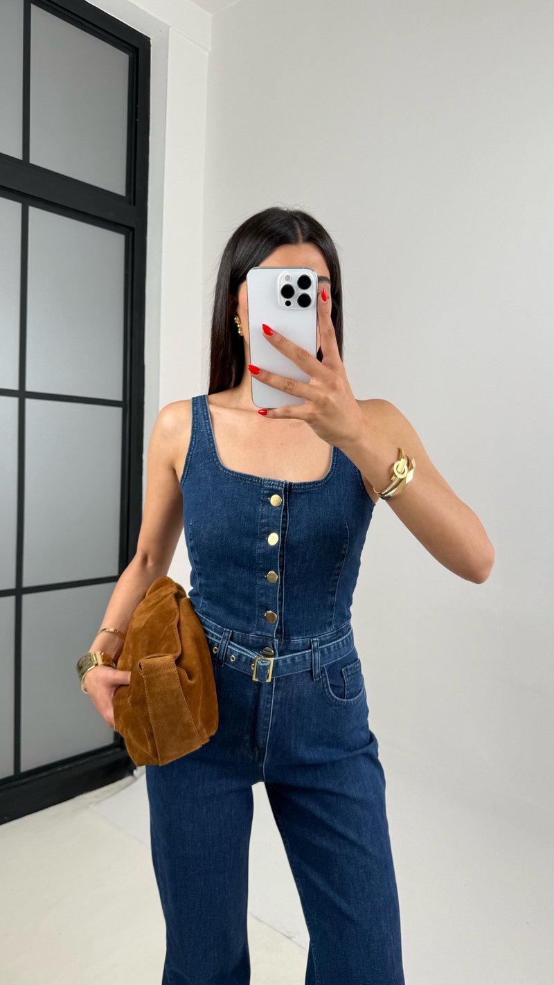 Lacivert Önü Düğmeli Kemerli Likralı Denim Tulum Gaus00473