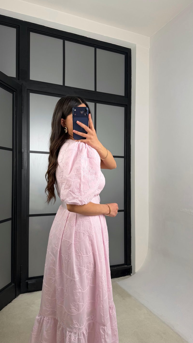 Pembe Çiçek Nakışlı Kemerli Pinterest Elbise GAUS-01342