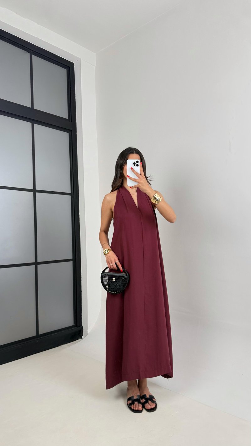 Bordo V Yaka Sırt Detaylı Premium Tencel Elbise Gaus00481 