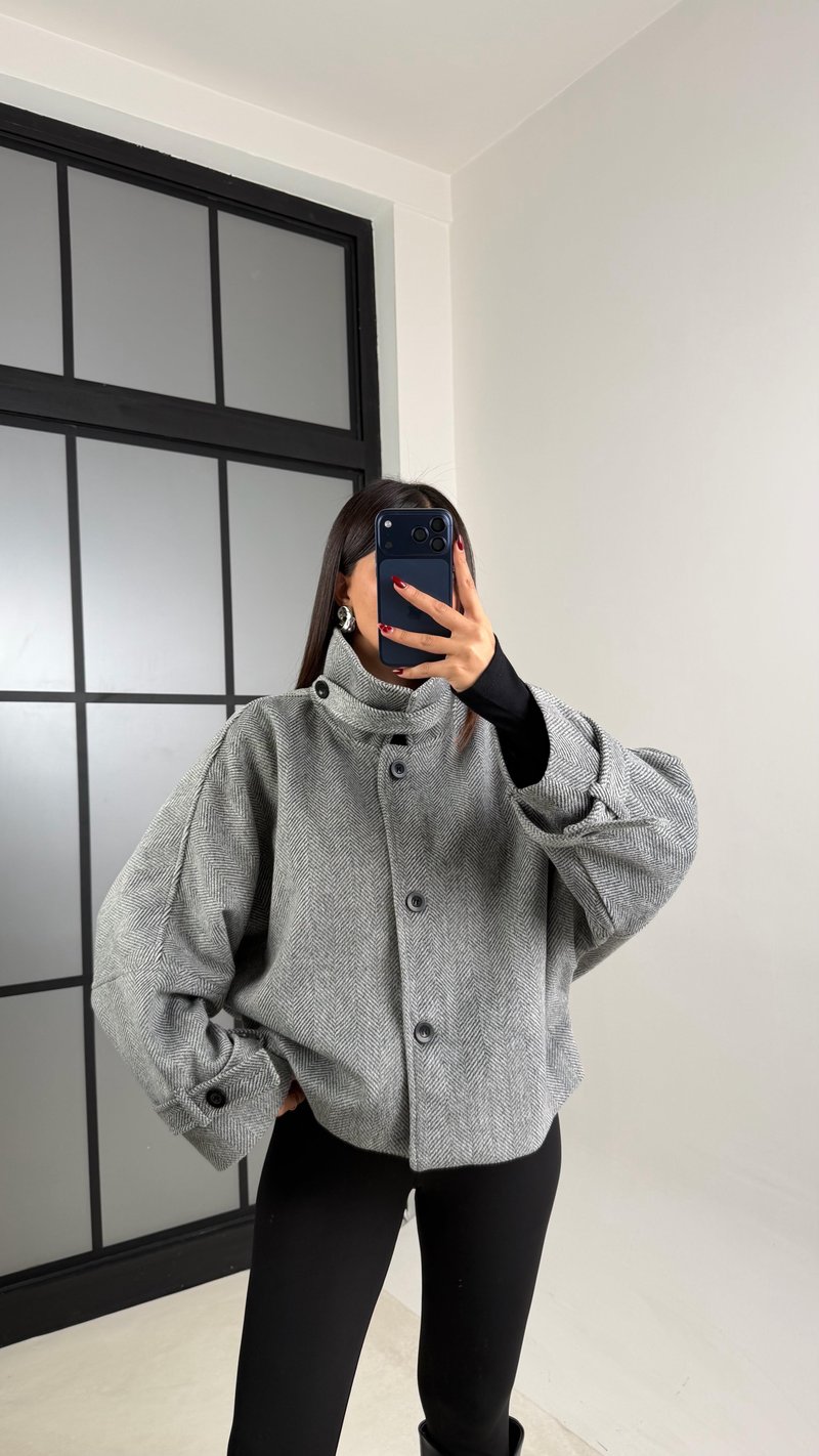 Gri Dik Yaka Balıksırtı Astarlı Kaşe Ceket GAUS-00738