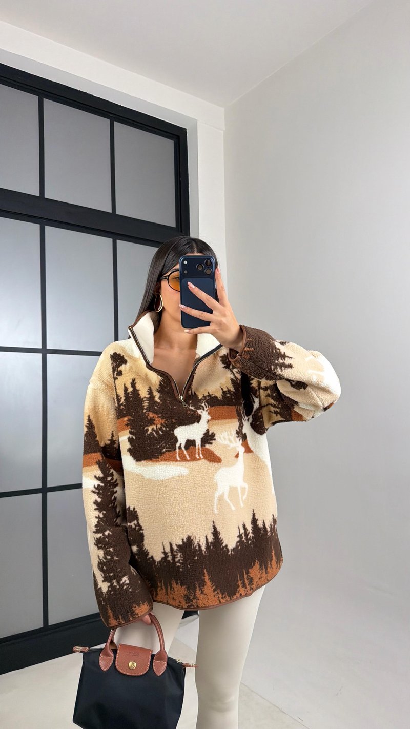 Kahve Fermuarlı Geyik Desenli Polar Sweatshirt GAUS-00870 GAUS-00723