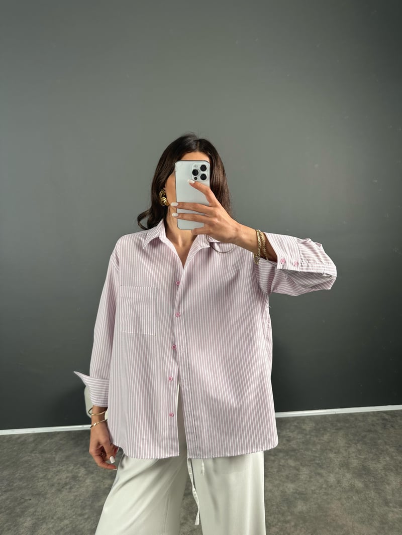 Sonho Pembe İnce Çizgili Oversize Gömlek