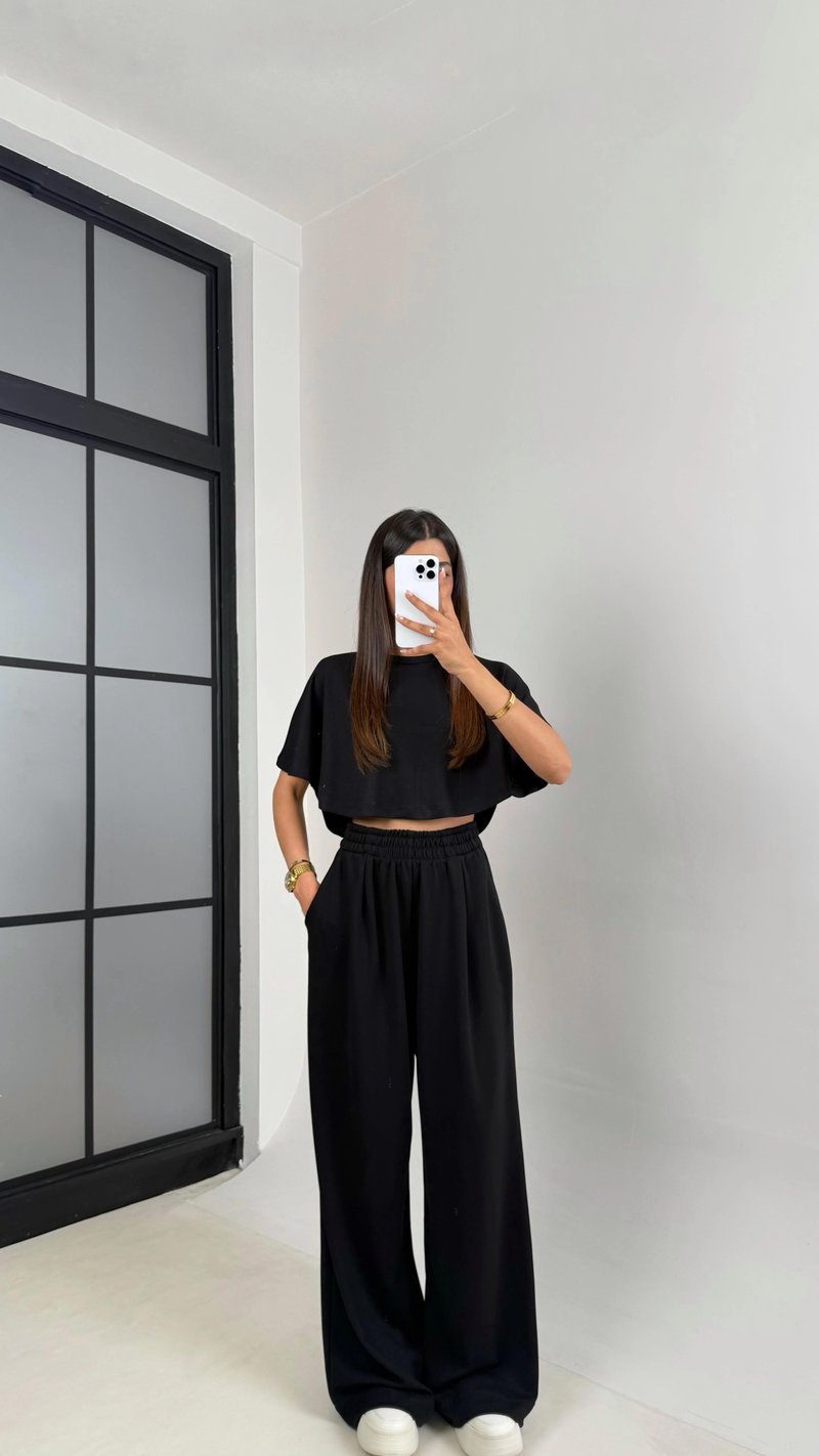 Siyah Crop Beli Lastikli Palazzo Eşofman İkili Modal Kumaş Takım GAUS-01219