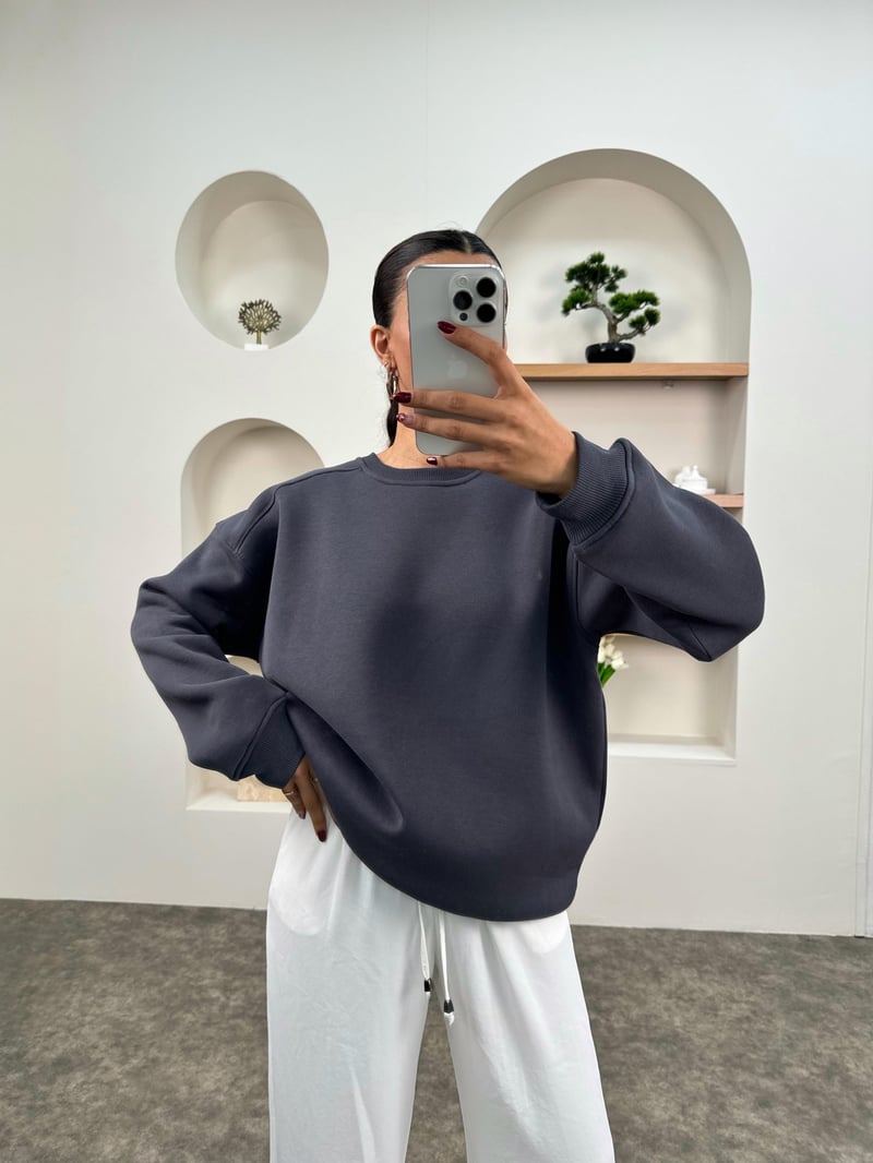 Meksa Antrasit Bisiklet Yaka Şardonlu Sweatshirt