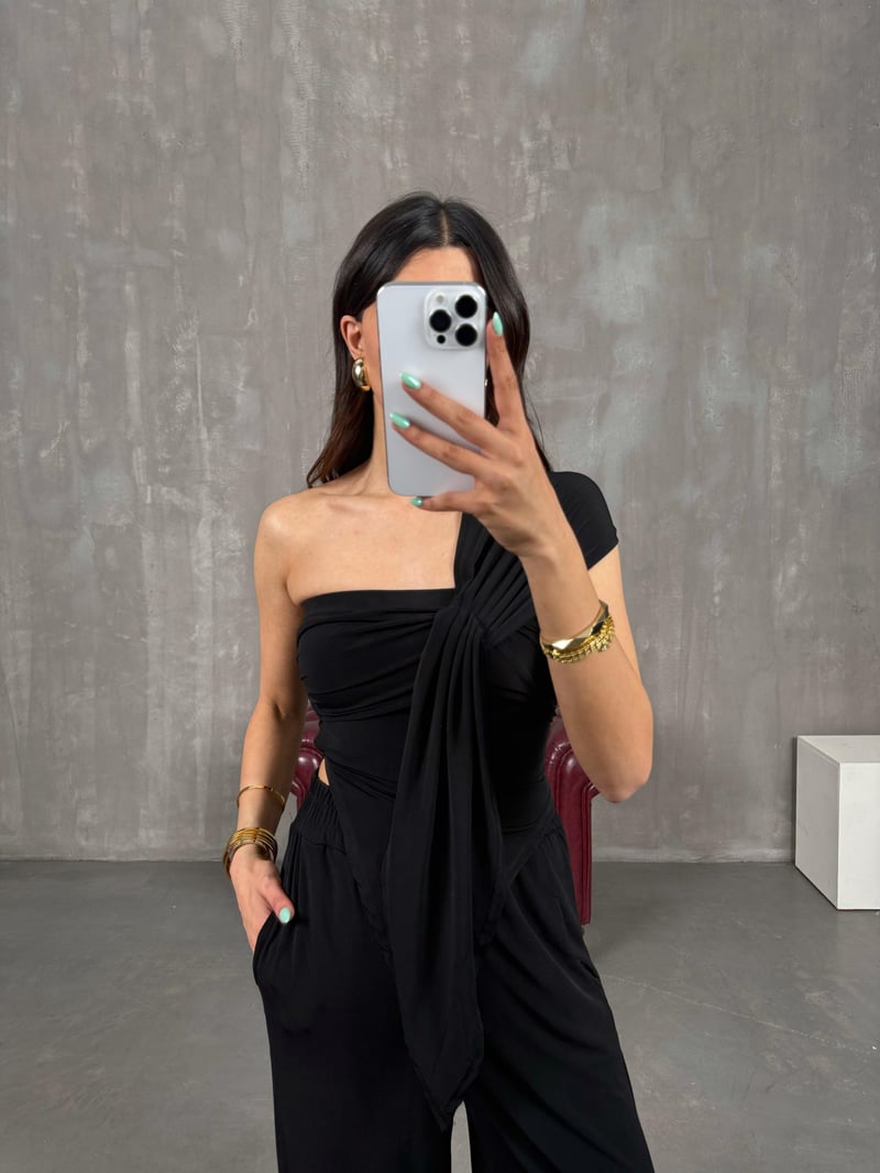 Siyah Asimetrik Kesim Bluz Pantolon Sandy Kumaş Takım Gaus00234