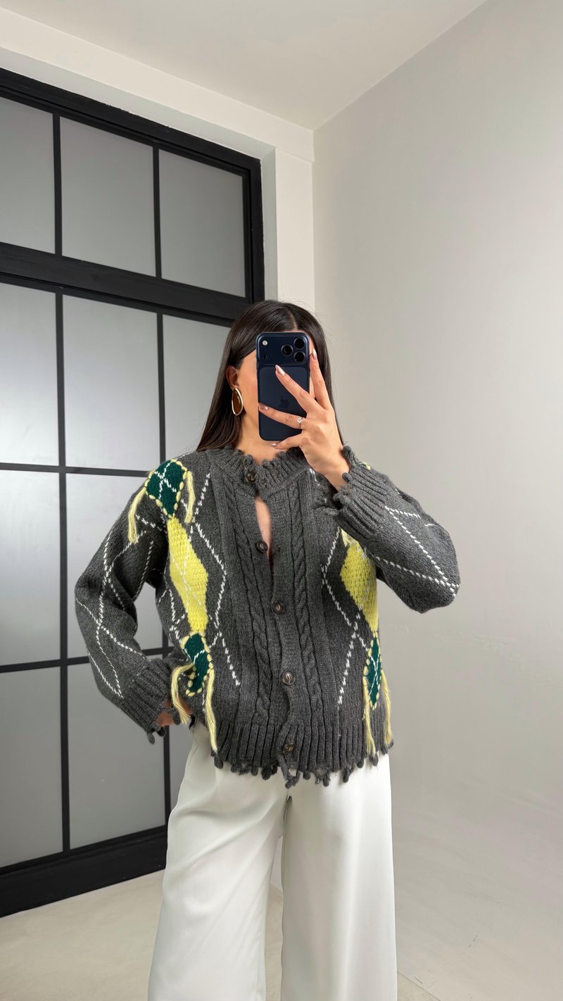 Antrasit Baklava Desenli Saçaklı Hırka GAUS-01125