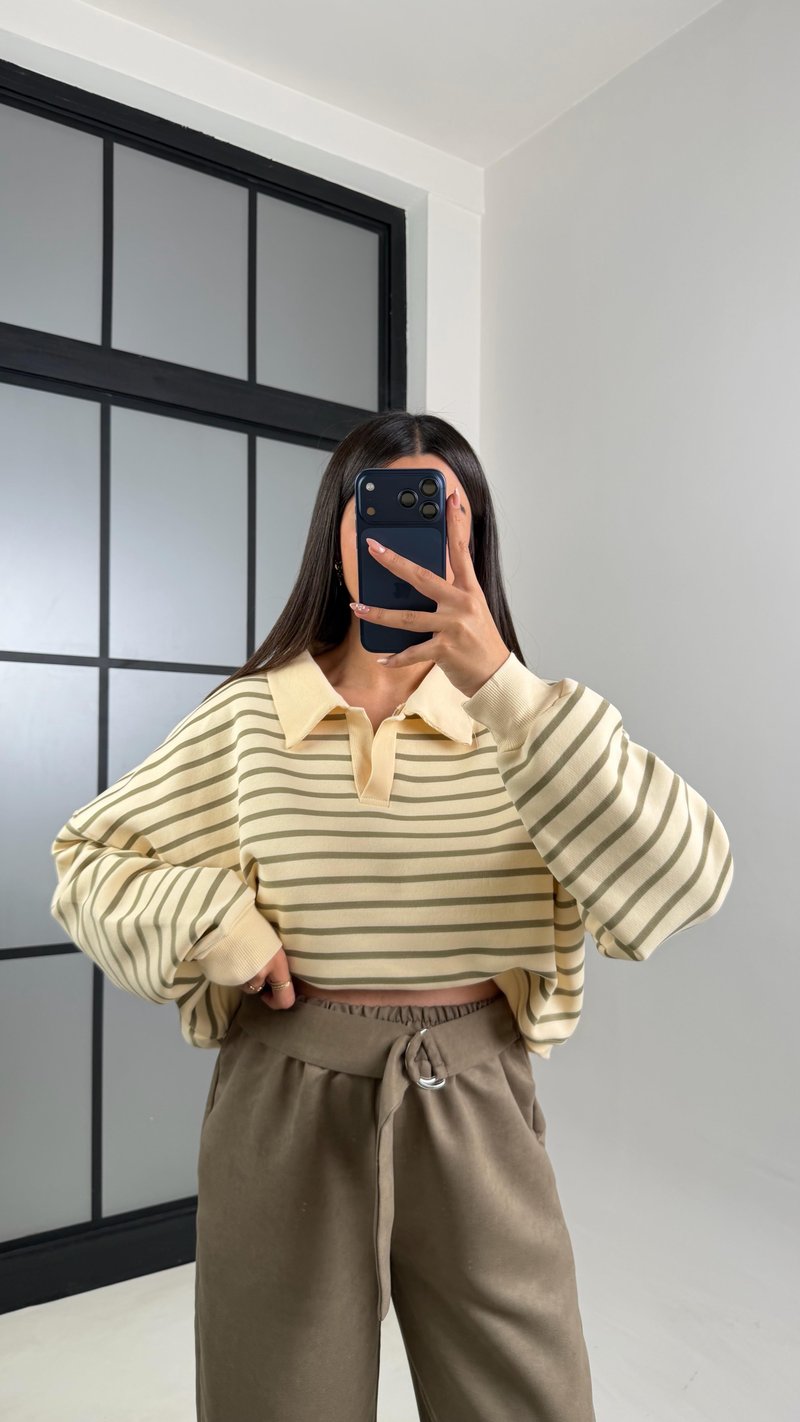 Haki Polo Yaka Çizgili Sweatshirt GAUS-00827