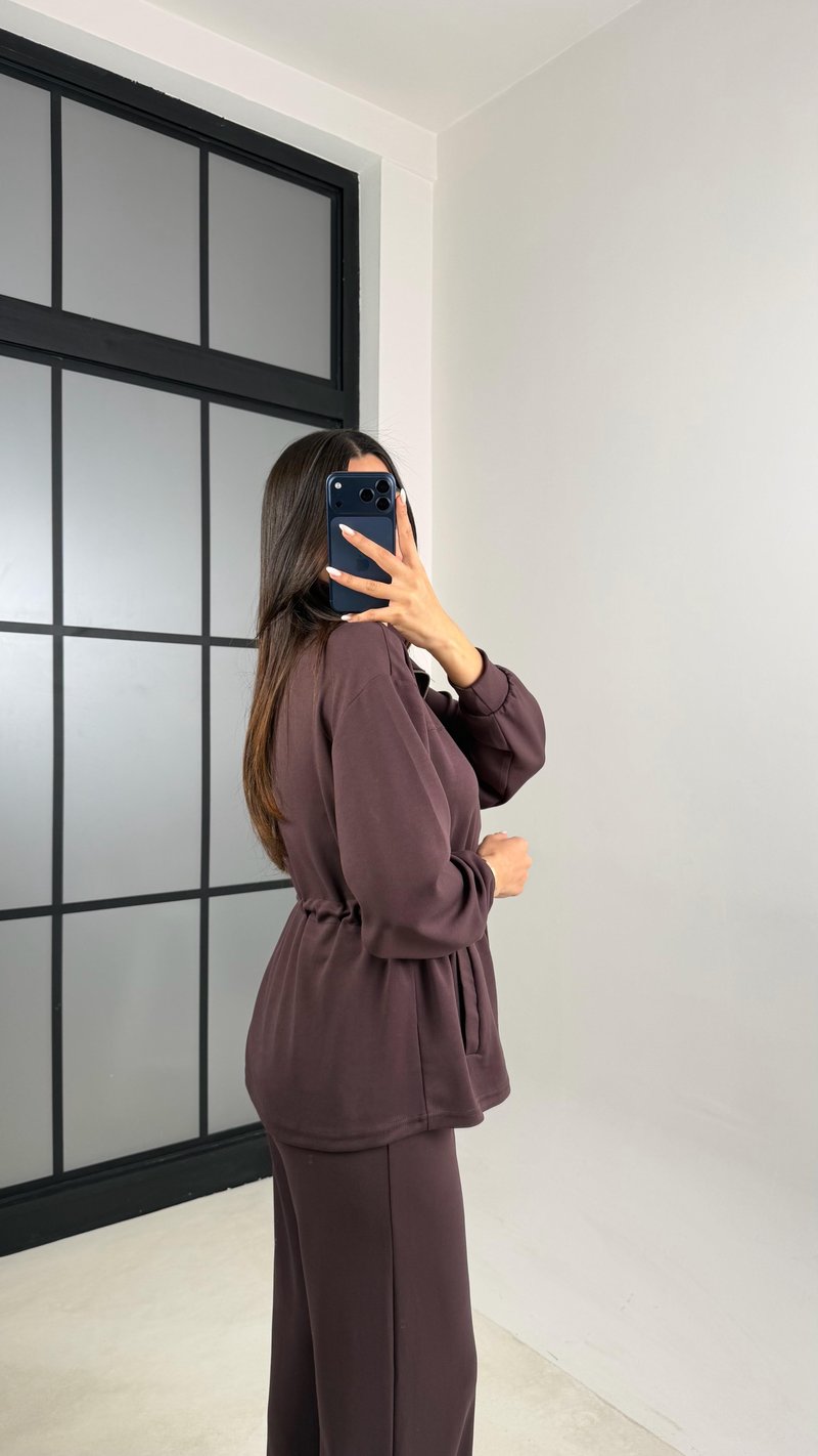 Kahve Beli Büzgülü Hırka Pantolon İkili Modal Takım GAUS-00571