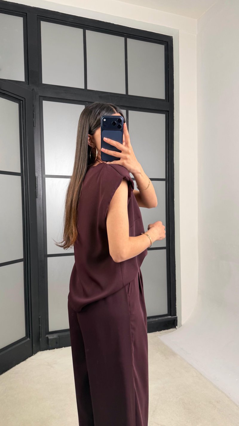 Mürdüm Vatkalı Bluz Beli Lastikli Pantolon Krep Kumaş Takım GAUS-01485
