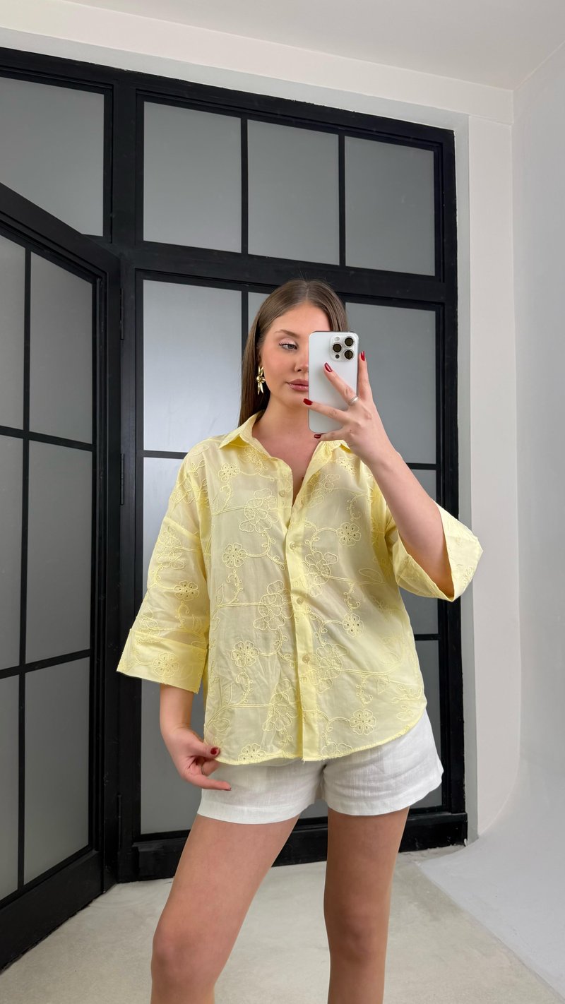 Sarı Çiçek Nakışlı Pinterest Gömlek GAUS-01268