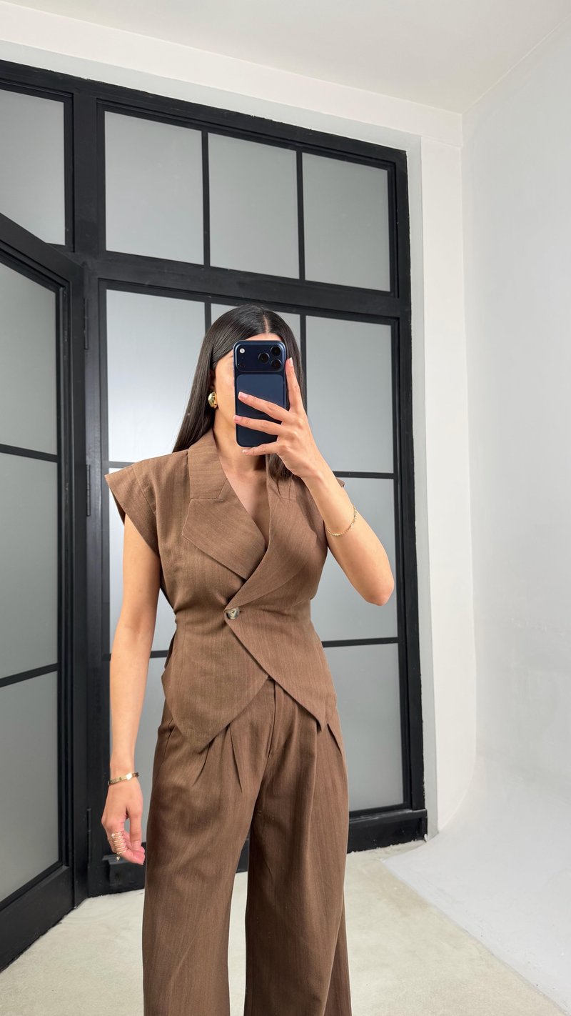 Kahve Kuşaklı Yelek Pantolon İkili Keten Takım GAUS-01447
