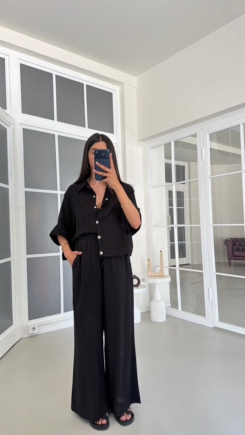 Siyah Yarasa Kol Gömlek Beli Lastikli Pantolon Tencel Denim Takım GAUS-01785