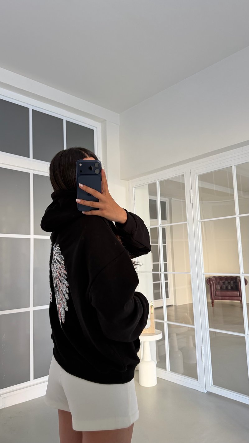 Siyah Kanat İşlemeli Kapüşonlu Sweatshirt GAUS-02052