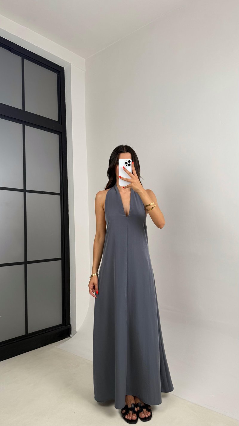 Antrasit Boyundan Bağlamalı V Yaka Tencel Elbise GAUS-0014