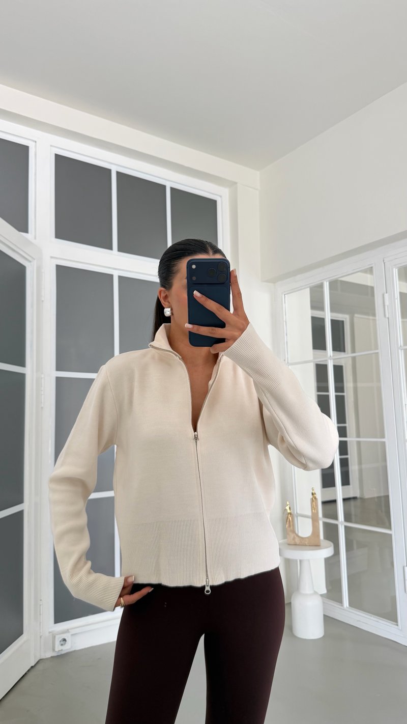 Krem Çift Fermuarlı Triko Hırka GAUS-02141