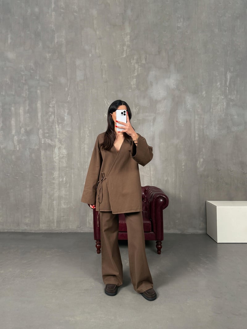 Rozali Kahve Gabardin Kimono İkili Takım