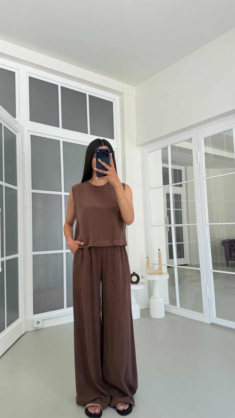Kahve Bluz Beli Lastikli Pantolon Yıkamalı Tencel Takım GAUS-01795