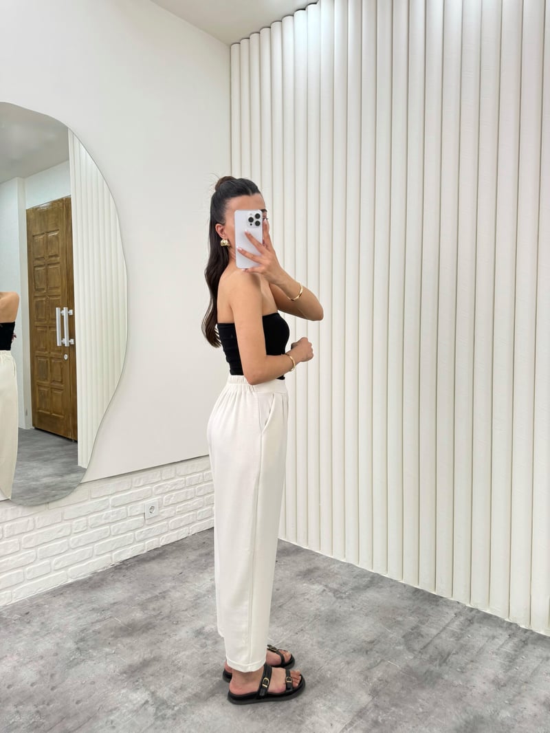 Ekru Beli Lastikli Cepli Harem Pantolon Gaus00308