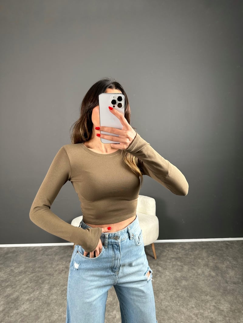 Haki ZR Model Basic Uzun Kollu Crop