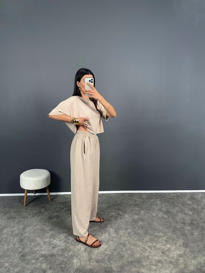 Ava Taş Yıkama Tshirt Pantolon İkili Takım 