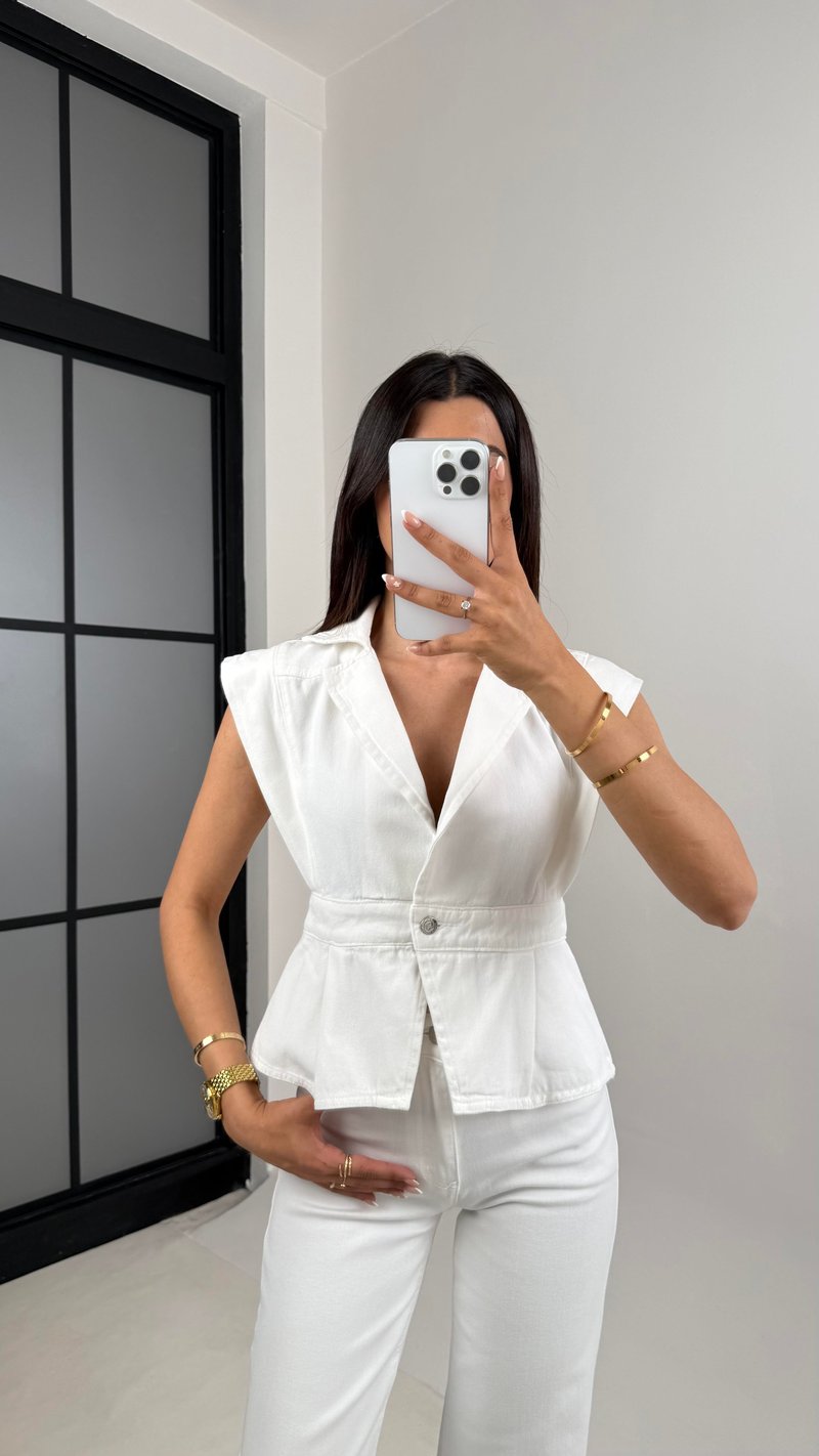Beyaz Düğmeli Denim Tasarım Yelek Gaus00602