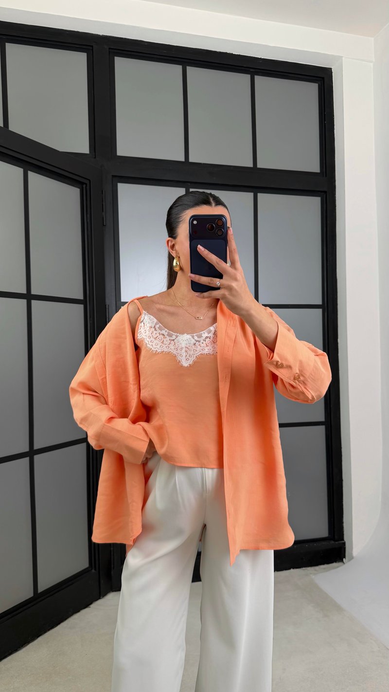 Orange Dantel Detaylı Birleşik Atlet Gömlek İkili Tencel Gömlek  GAUS-01181