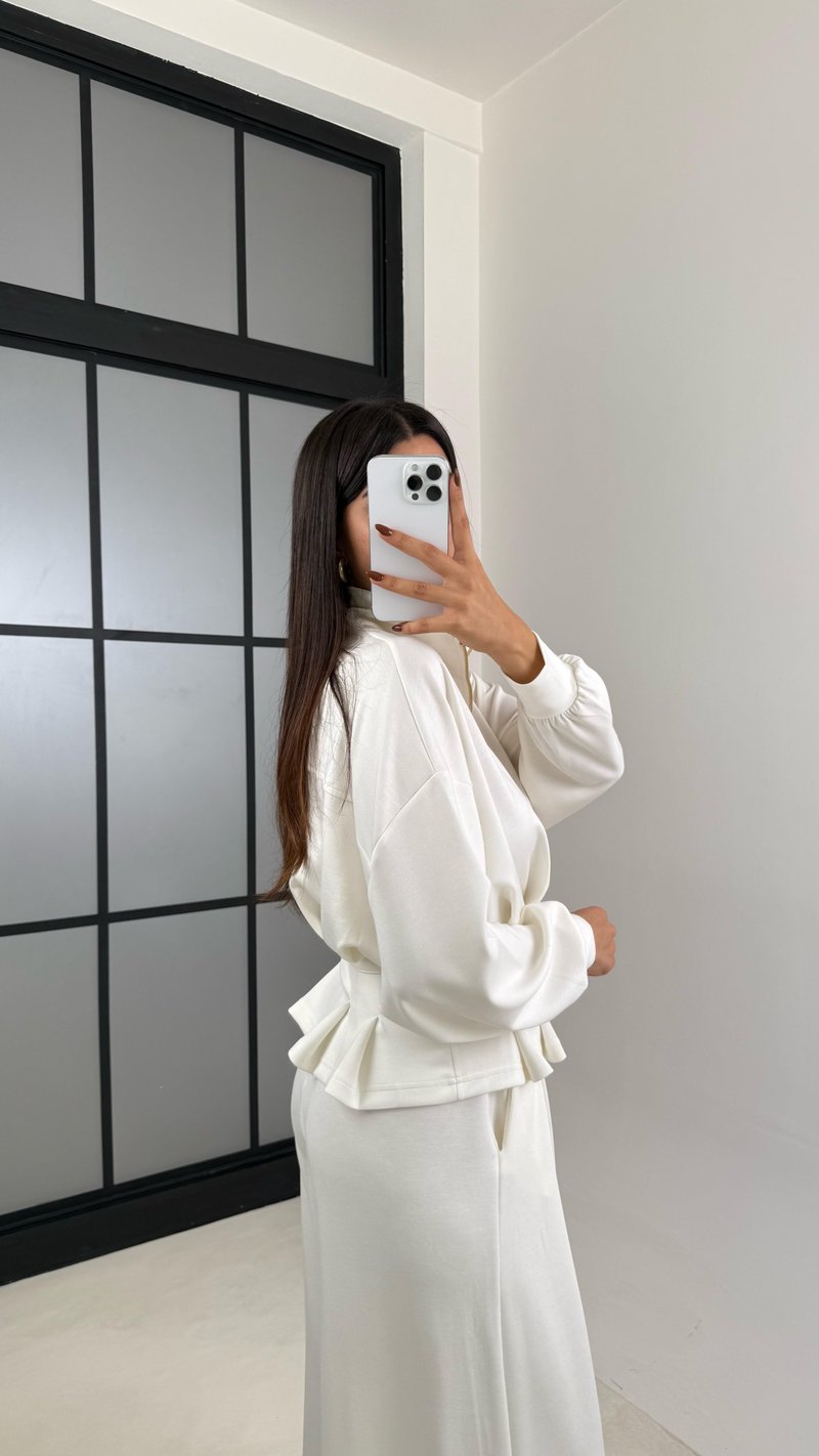 Beyaz Kemer Detaylı Hırka Beli Lastikli Geniş Paça Pantolon Modal Takım GAUS-00188