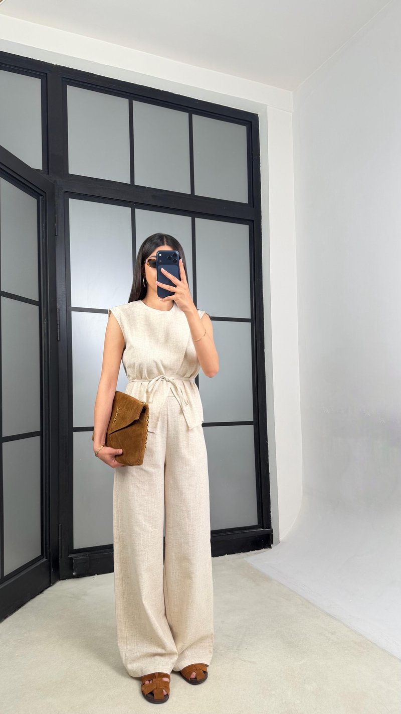 Taş Kuşaklı Bluz Beli Lastikli Pantolon İkili Keten Takım GAUS-01540