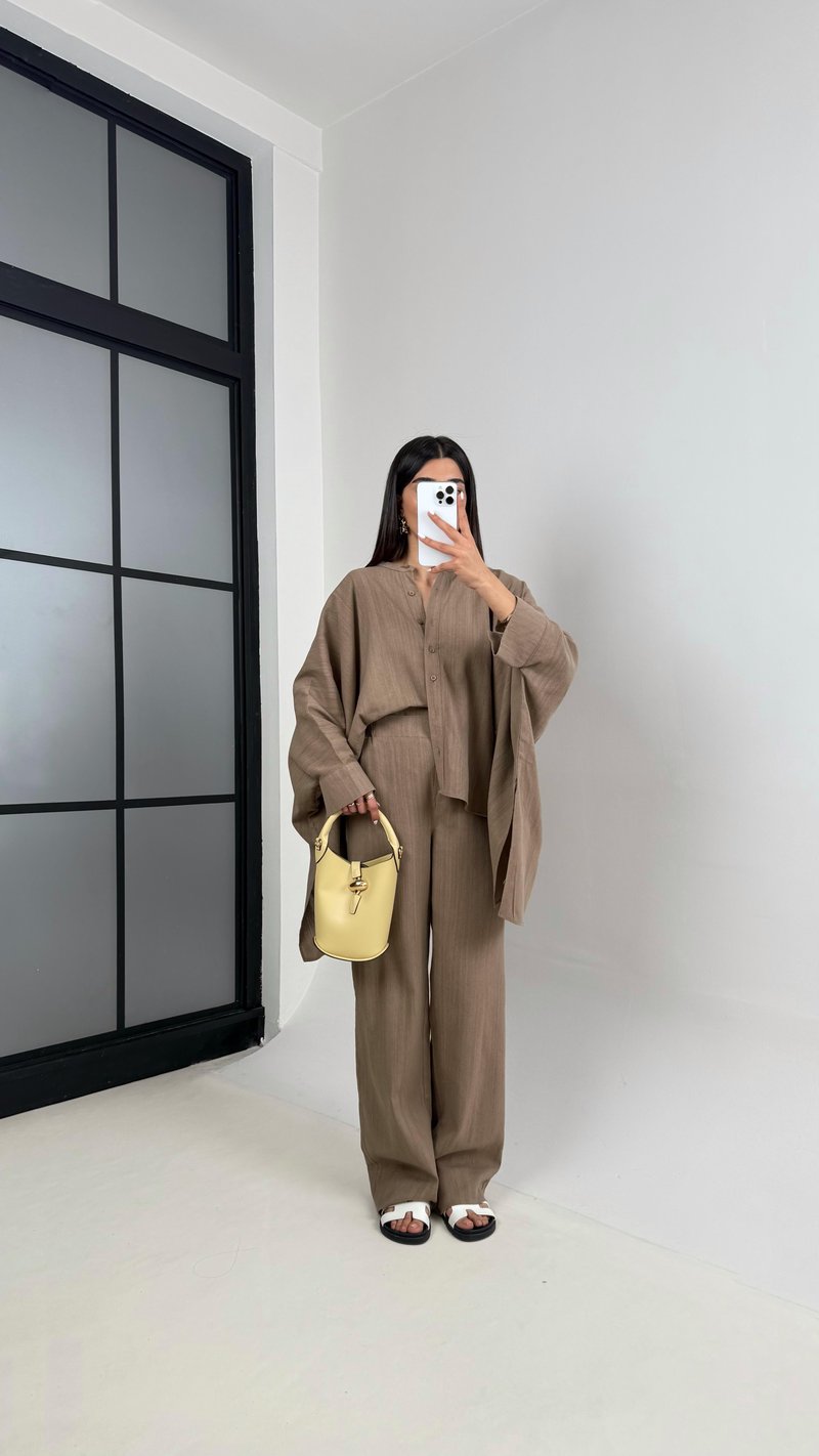 Kahve Önü Düğmeli Yarasa Kol Gömlek Beli Lastikli Cepli Pantolon Keten Takım Gaus00408