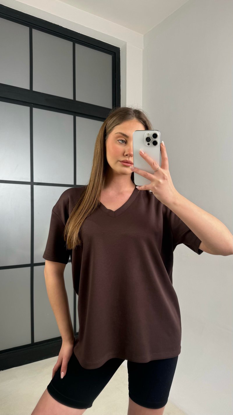 Acı Kahve V Yaka Basic Tshirt GAUS-01131