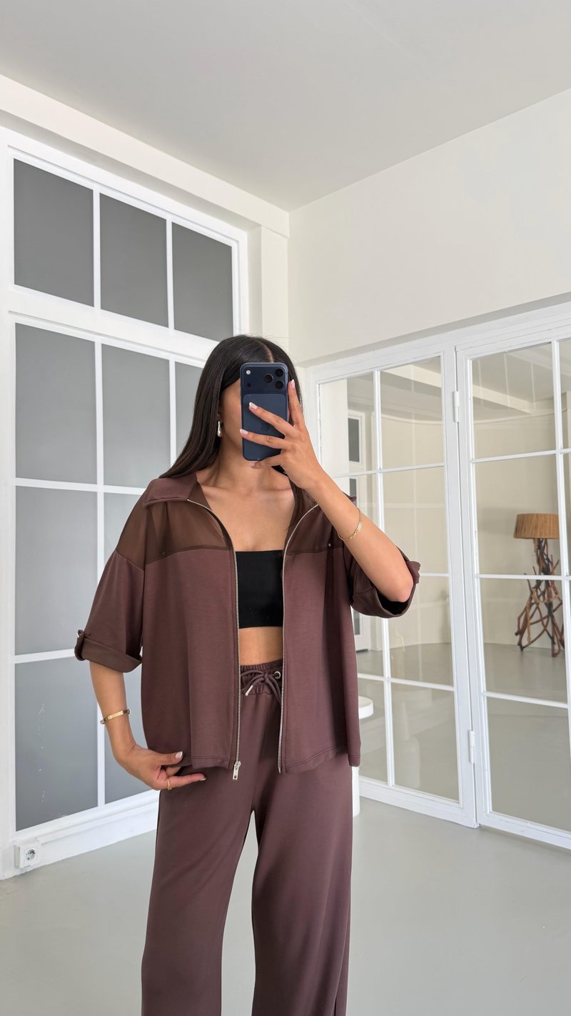 Kahve Fileli Hırka Beli Lastikli Pantolon İkili Modal Takım GAUS-01640