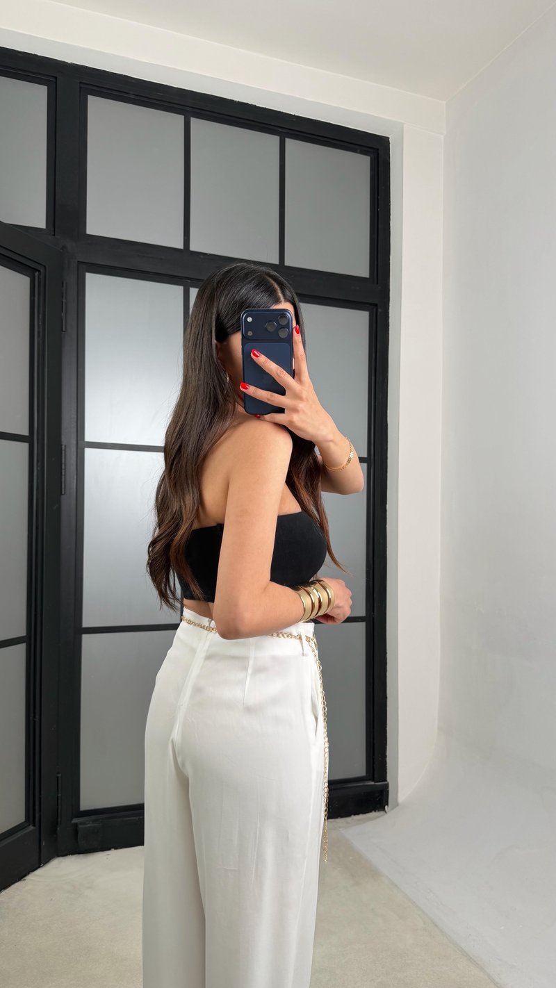 Ekru Gold Zincirli Kemer Muadil Tencel Pantolon GAUS-01556