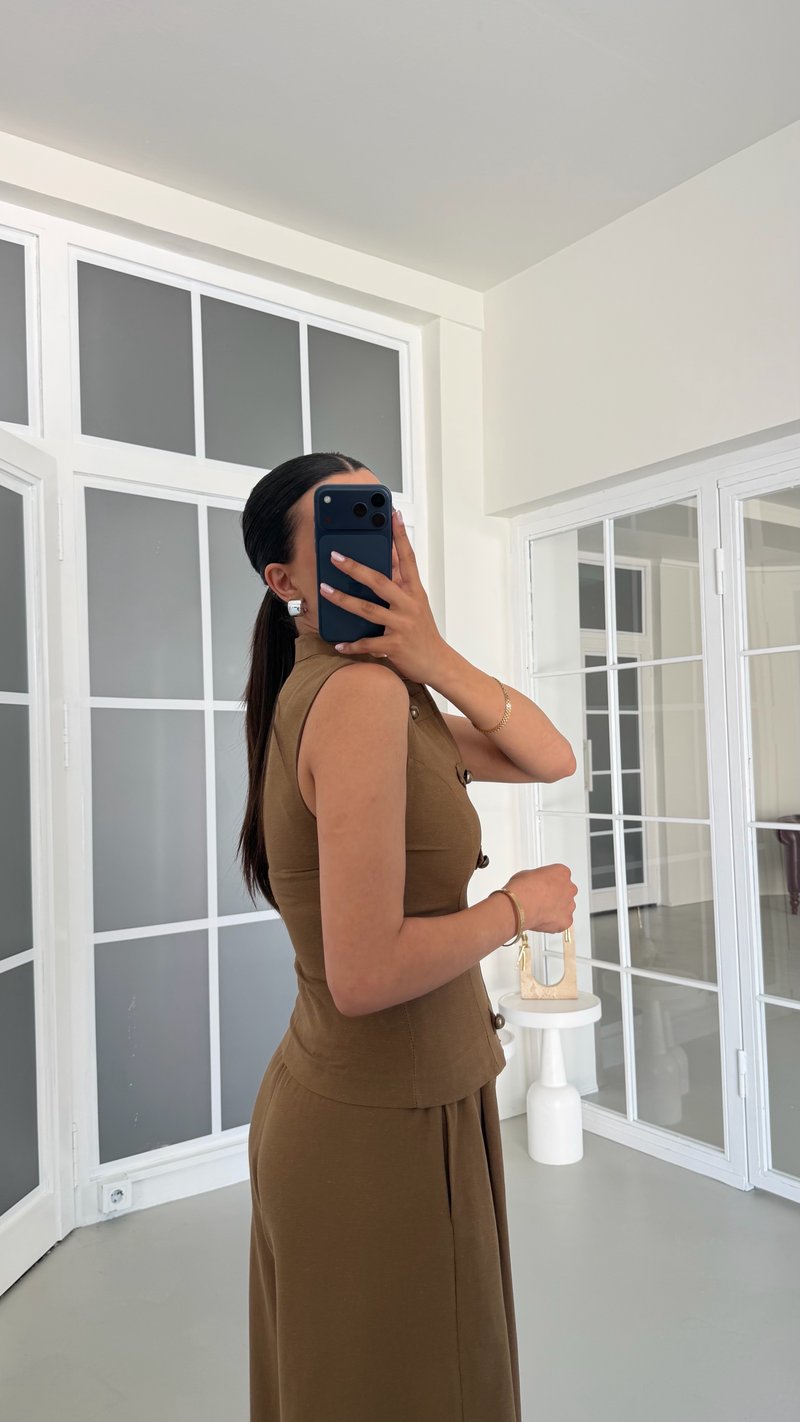 Kahve Düğme Detaylı Ceket Pantolon İkili Keten Takım GAUS-01739