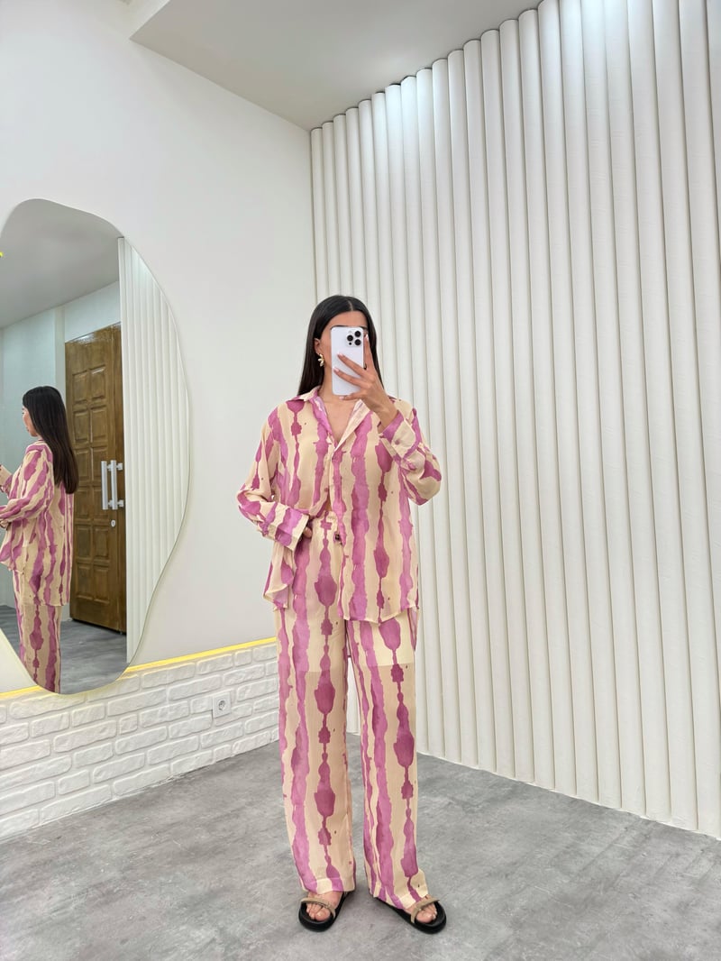 Pembe Yarım Astarlı Desenli Tül Şifon Takım Gaus00281