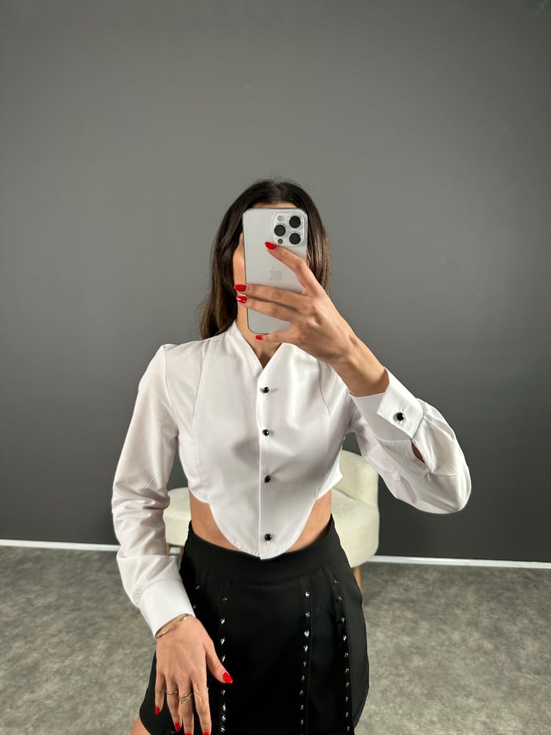 Tasarım Premium Beyaz Crop Gömlek 