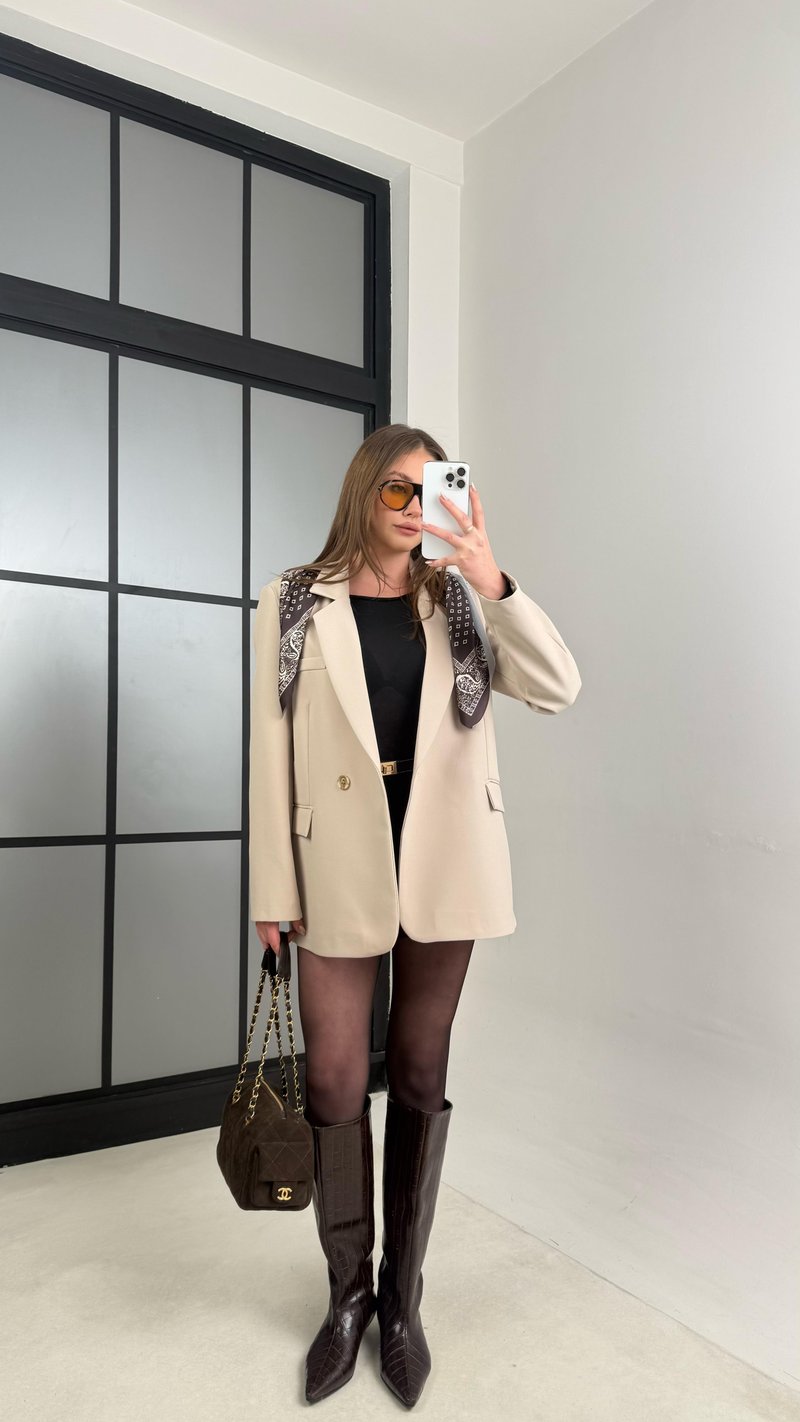 Taş Astarlı Vatkalı Fular Detaylı Blazer Ceket GAUS-00976