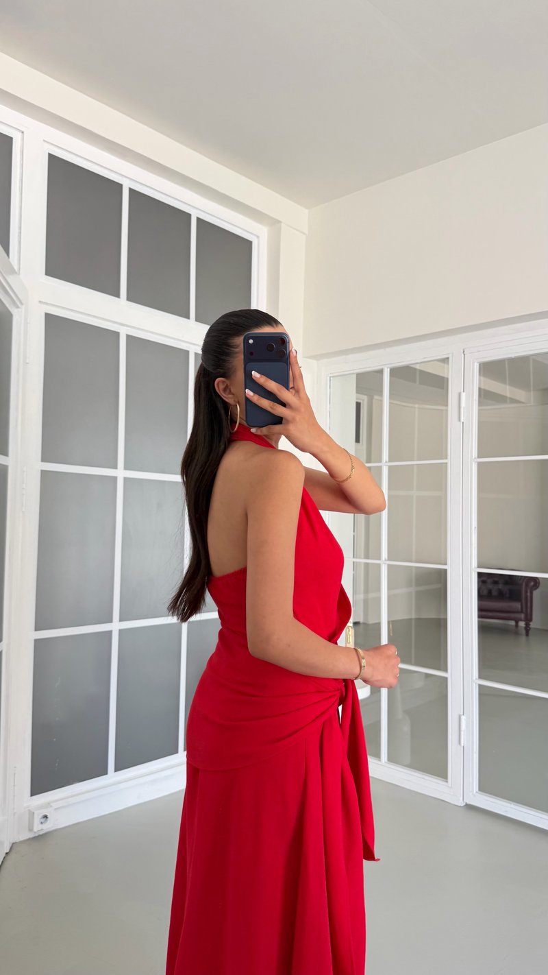 Kırmızı Halter Yaka Bağlama Detaylı Premium Keten Elbise GAUS-01672