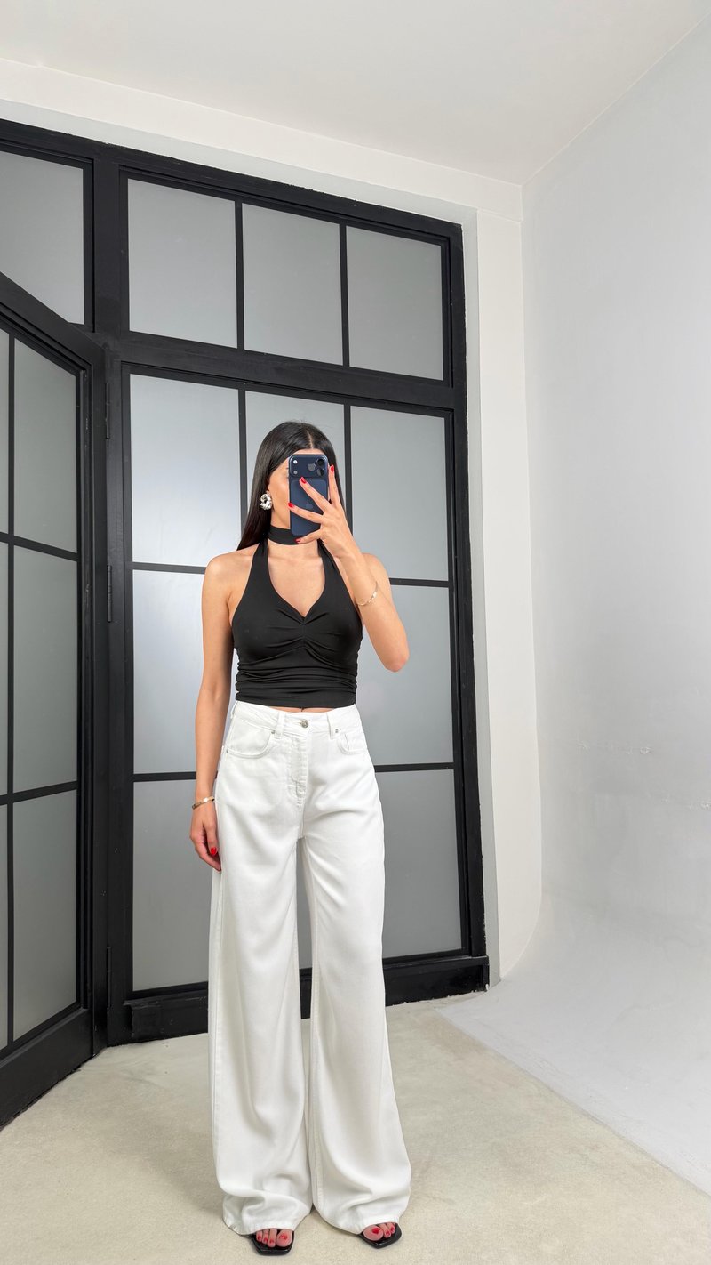 Beyaz Geniş Paça Denim Tencel Pantolon GAUS-01570